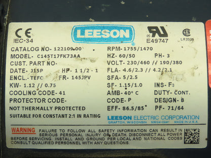 Leeson C145T17FK73AA Pump Motor 1.5Hp 1755 RPM 230/460V 3PH 145JPV Close Coupled