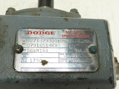 Dodge Reliance 56WM16A Gearmotor 50:1 Reducer 1/2Hp 230/460V 3PH 56C Dual Output