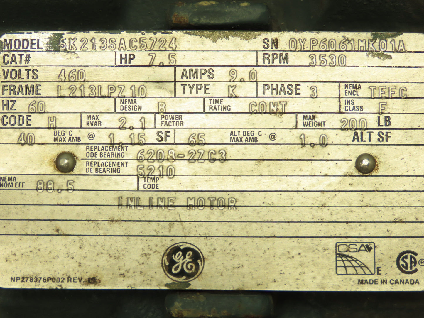 GE 5K213SAC5724 Severe Duty AC Motor 7.5Hp 9A 3530 RPM 460V 3PH TEFC L213