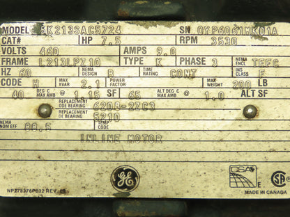 GE 5K213SAC5724 Severe Duty AC Motor 7.5Hp 9A 3530 RPM 460V 3PH TEFC L213