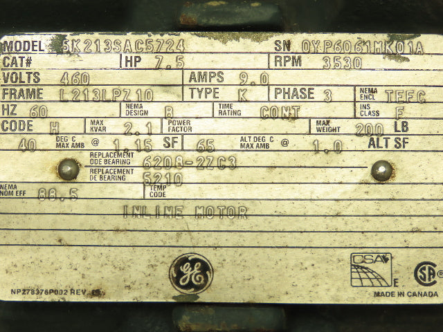 GE 5K213SAC5724 Severe Duty AC Motor 7.5Hp 9A 3530 RPM 460V 3PH TEFC L213