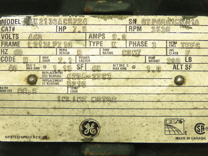 GE 5K213SAC5724 Severe Duty AC Motor 7.5Hp 9A 3530 RPM 460V 3PH TEFC L213