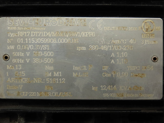 Sew-Eurodrive RF17DT71D4 Movimot Inverter Variable Speed Gearmotor 276-1700 RPM