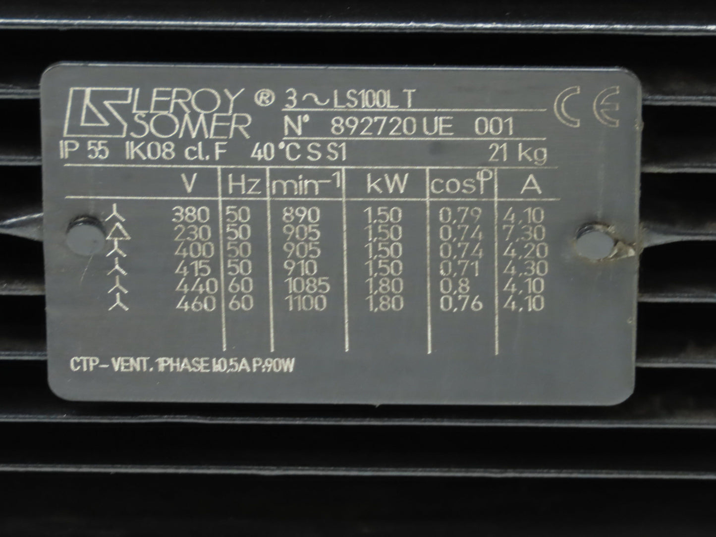 Leroy Somer LS100L Induction Motor 1.5/1.8kW 1100 RPM 230/460V 3PH S1 Foot Mount