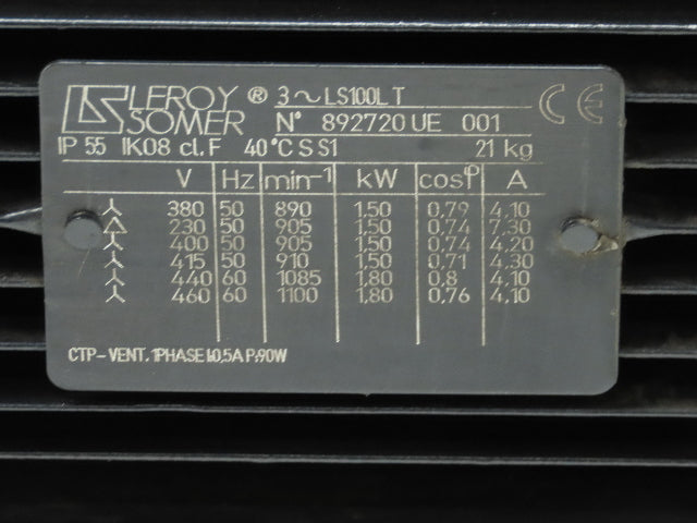 Leroy Somer LS100L Induction Motor 1.5/1.8kW 1100 RPM 230/460V 3PH S1 Foot Mount