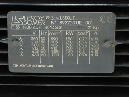Leroy Somer LS100L Induction Motor 1.5/1.8kW 1100 RPM 230/460V 3PH S1 Foot Mount