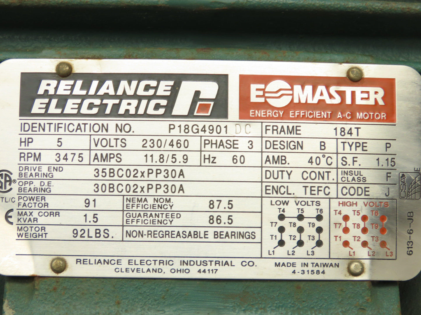 Reliance Electric P18G4901 AC Motor 5Hp 3475 RPM 230/406V 3PH 184T TEFC Foot Mt