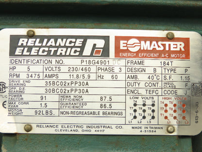 Reliance Electric P18G4901 AC Motor 5Hp 3475 RPM 230/406V 3PH 184T TEFC Foot Mt