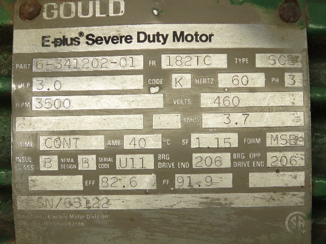 Gould Type SCE E-Plus Severe Duty AC Motor 3Hp 3500 RPM 460V 3PH 182TC