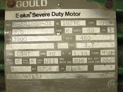 Gould Type SCE E-Plus Severe Duty AC Motor 3Hp 3500 RPM 460V 3PH 182TC