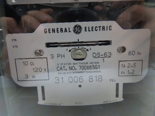 GE General Electric 700X63G1 DS-63 Watthour Meter Kilowatt Hours 2-Stator 3PH