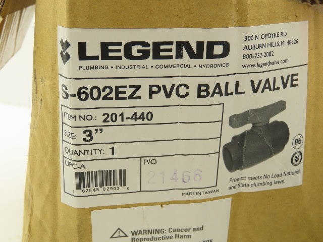 Legend 201-440 Ball Valve 3" UPVC Sch-80 S-602EZ Solvent Ends