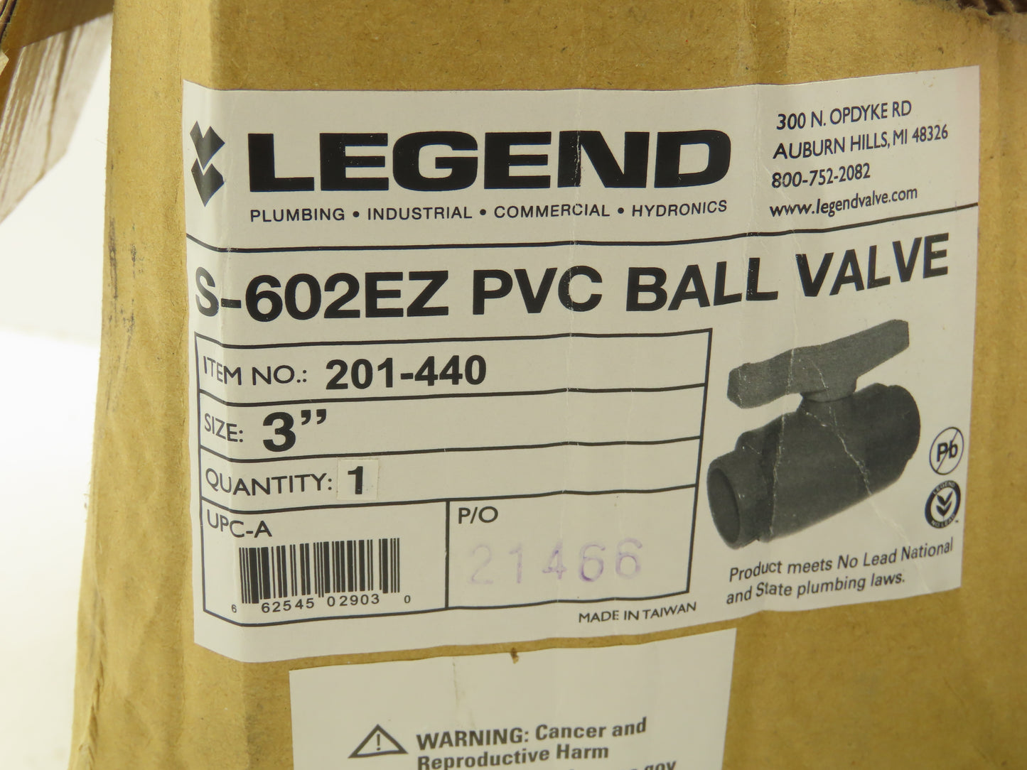 Legend 201-440 Ball Valve 3" UPVC Sch-80 S-602EZ Solvent Ends