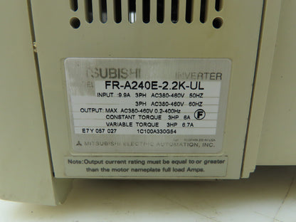 Mitsubishi FR-A240E-2.2K-UL Freqrol-A200 Inverter AC Drive 3Hp 460V 3PH VFD