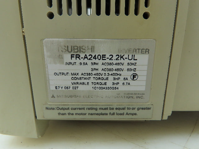 Mitsubishi FR-A240E-2.2K-UL Freqrol-A200 Inverter AC Drive 3Hp 460V 3PH VFD
