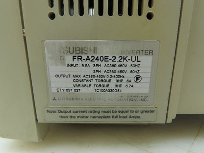 Mitsubishi FR-A240E-2.2K-UL Freqrol-A200 Inverter AC Drive 3Hp 460V 3PH VFD