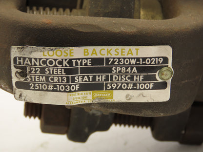 Hancock 7230W-1-0219 Manual Globe Valve 1/2" Socket Weld Loose Backseat 2500 PSI