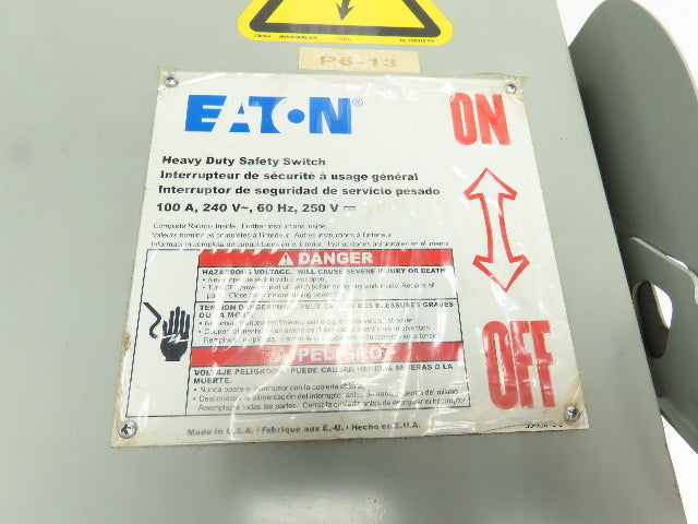 Eaton Cutler DH323FGKJSEL Fusible Disconnect Safety Switch 100A 240V 3Ph