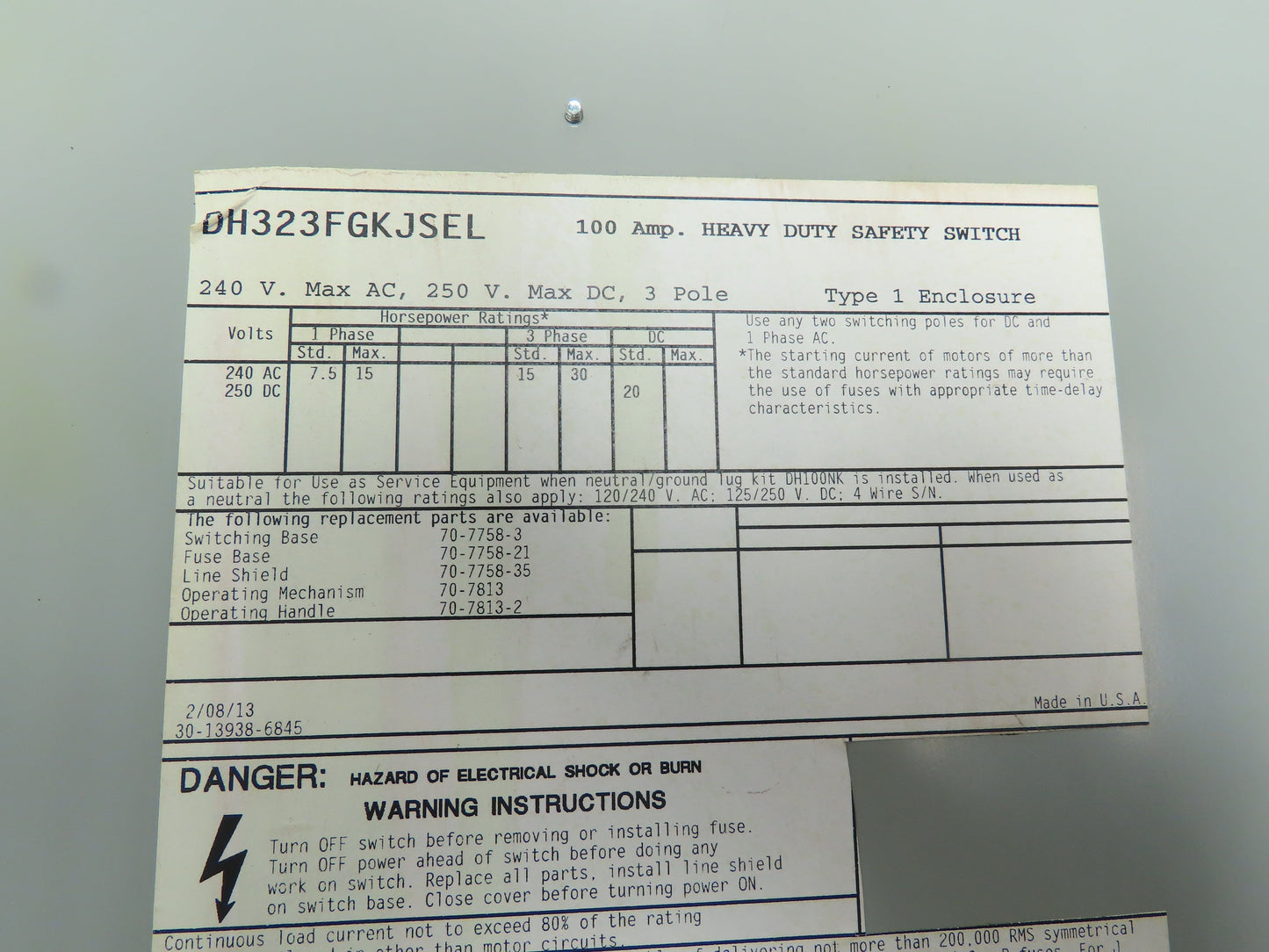 Eaton Cutler DH323FGKJSEL Fusible Disconnect Safety Switch 100A 240V 3Ph
