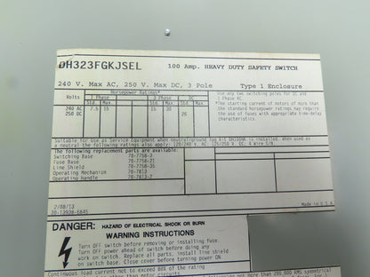 Eaton Cutler DH323FGKJSEL Fusible Disconnect Safety Switch 100A 240V 3Ph