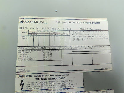 Eaton Cutler DH323FGKJSEL Fusible Disconnect Safety Switch 100A 240V 3Ph