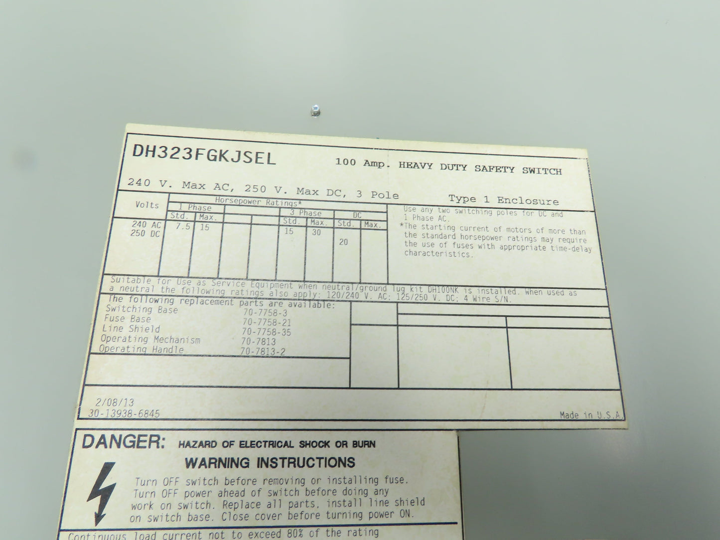 Eaton Cutler DH323FGKJSEL Fusible Disconnect Safety Switch 100A 3 Pole 240V
