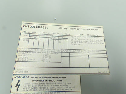 Eaton Cutler DH323FGKJSEL Fusible Disconnect Safety Switch 100A 3 Pole 240V
