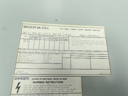Eaton Cutler DH323FGKJSEL Fusible Disconnect Safety Switch 100A 3 Pole 240V