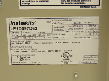 Schneider Electric LE1D097D62 Instakits Combination Motor Starter 1HP 480V 3Ph