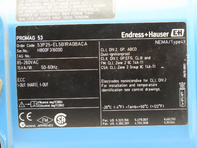 Endress Hauser 53P25-EL5B1RA0BACA Promag 53 P Flowmeter 85-260VAC 15VA/W Type 4X