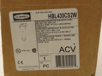 Hubbell HBL430CS2W HBL Insulgrip Pin Sleeve Receptacle 3P 4W 30A Plug 600VAC