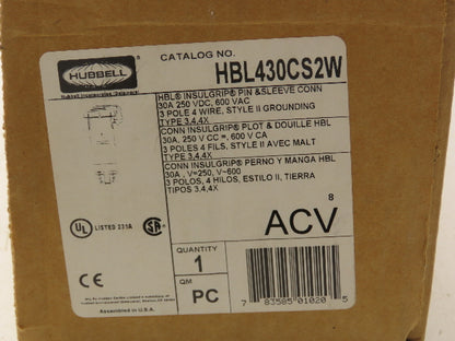 Hubbell HBL430CS2W HBL Insulgrip Pin Sleeve Receptacle 3P 4W 30A Plug 600VAC