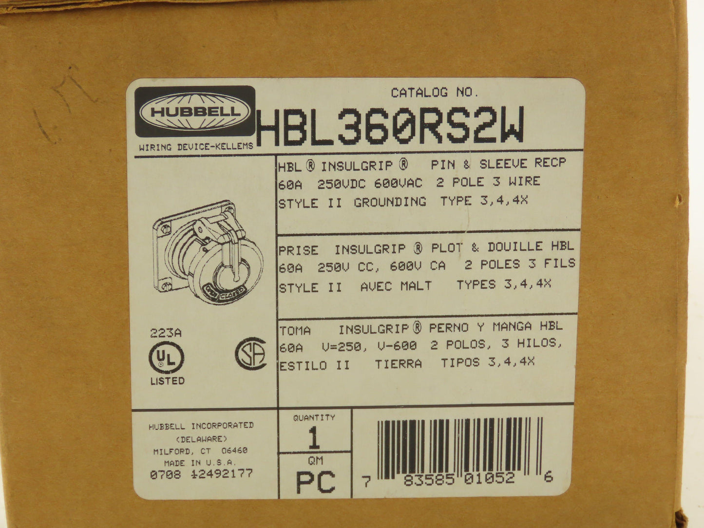 Hubbell HBL360RS2W Pin Sleave Receptacle 2 Pole 3 Wire 60A 600V