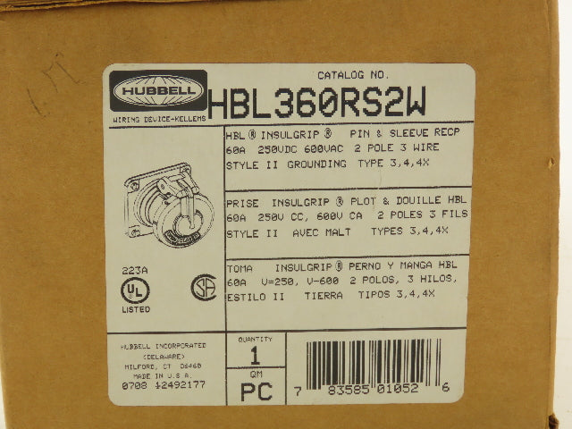 Hubbell HBL360RS2W Pin Sleave Receptacle 2 Pole 3 Wire 60A 600V