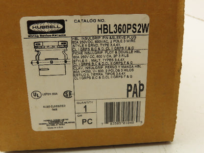 Hubbell HBL360PS2W Pin Sleeve Male Plug 2P3W 600V 60 Amp 2 Pole 3 Wire