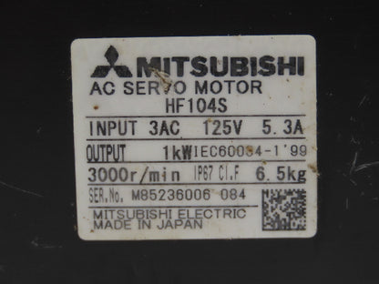 Mitsubishi HF104S AC Servo Motor 1kW 3000 RPM A48 Encoder 125V 5.3A 3PH