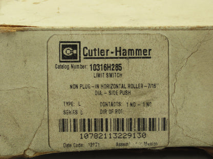 Eaton Cutler Hammer 10316H285 Limit Switch Side Roller 600V AC Max 1 NO 1 NC