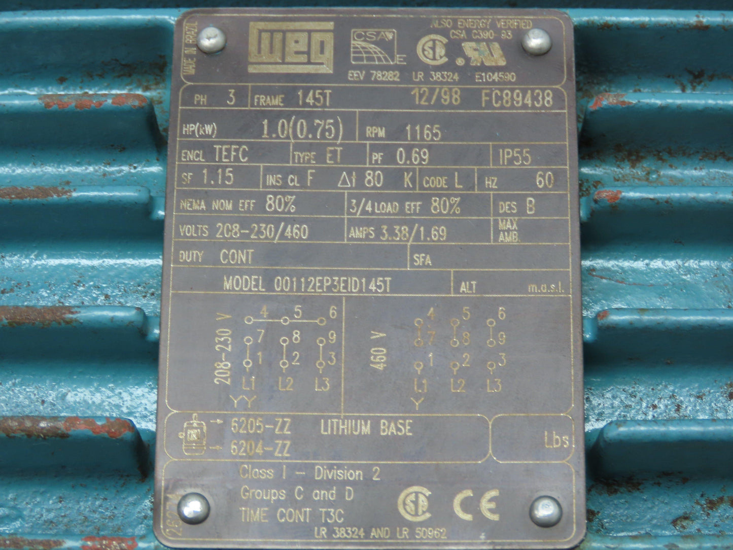 Weg 00112EP3EID145T Electric Motor 1 Hp 1165 RPM 208-230/460V 3Ph 145T