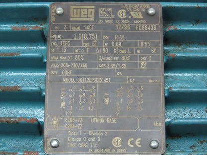 Weg 00112EP3EID145T Electric Motor 1 Hp 1165 RPM 208-230/460V 3Ph 145T