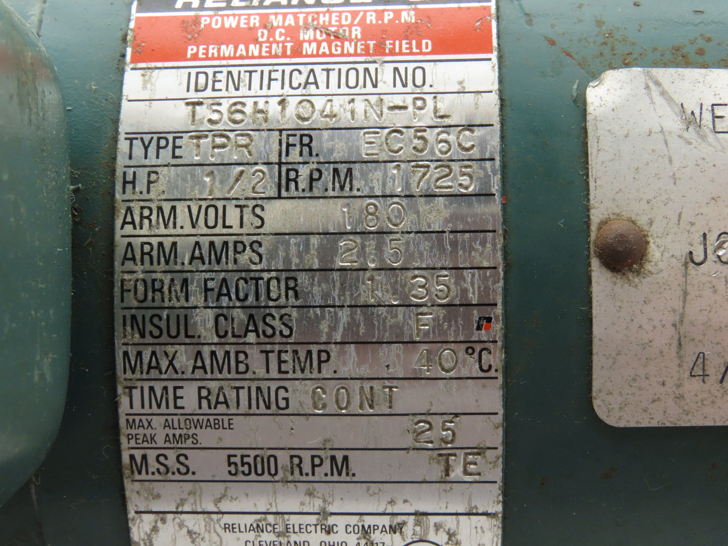 Reliance T56H1041NPL DC Electric Motor 1/2HP 1725RPM 180V 2.5A EC56C Frame