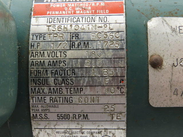 Reliance T56H1041NPL DC Electric Motor 1/2HP 1725RPM 180V 2.5A EC56C Frame