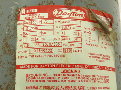 Dayton 6K250C Electric Motor 1/2 HP 3450 RPM 115/230V 8.8/4.4 FLA 1 PH FR 56J