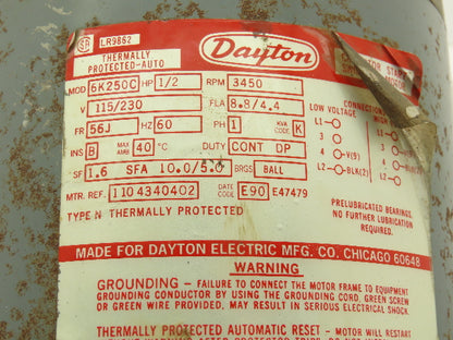 Dayton 6K250C Electric Motor 1/2 HP 3450 RPM 115/230V 8.8/4.4 FLA 1 PH FR 56J