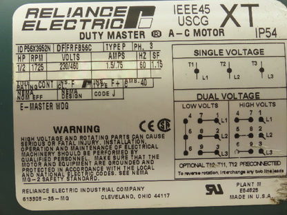 Reliance IEEE45 USCG XT Electric AC Motor  1/2 HP 1725 RPM 230/460V 3 PH FB56C