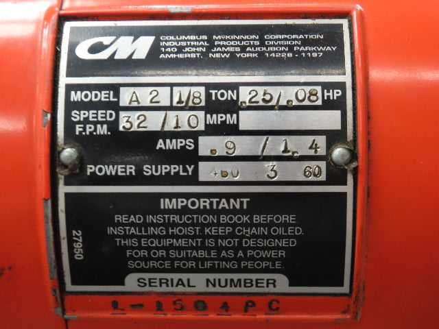 CM Lodestar Model A2 Electric Chain Hoist 1/8 Ton 250lb 11' Lift 32 FPM 3PH 460V