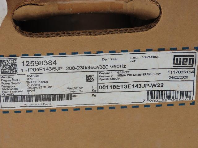 WEG 00118ET3E143JP-W22 Jet Pump Motor 1Hp 1760 RPM 208-230/460V 3PH 143/145JP