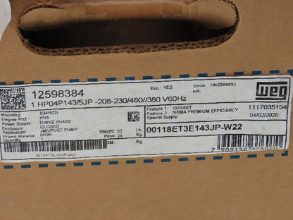 WEG 00118ET3E143JP-W22 Jet Pump Motor 1Hp 1760 RPM 208-230/460V 3PH 143/145JP