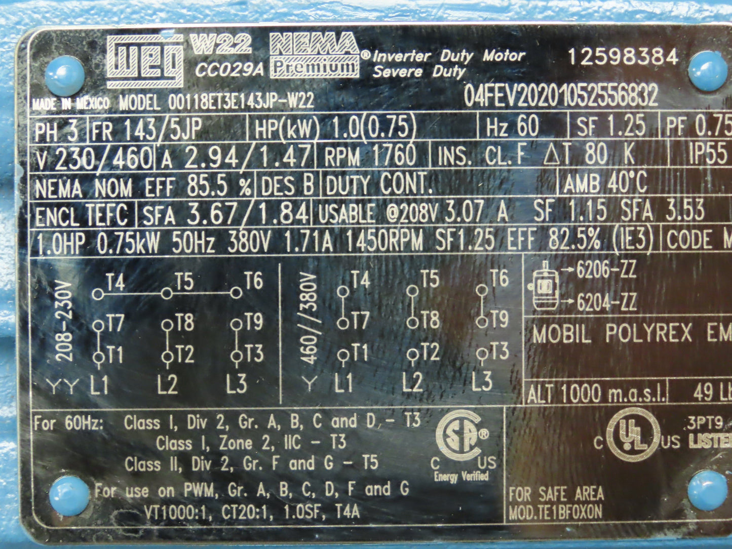 WEG 00118ET3E143JP-W22 Jet Pump Motor 1Hp 1760 RPM 208-230/460V 3PH 143/145JP