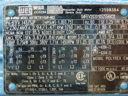 WEG 00118ET3E143JP-W22 Jet Pump Motor 1Hp 1760 RPM 208-230/460V 3PH 143/145JP