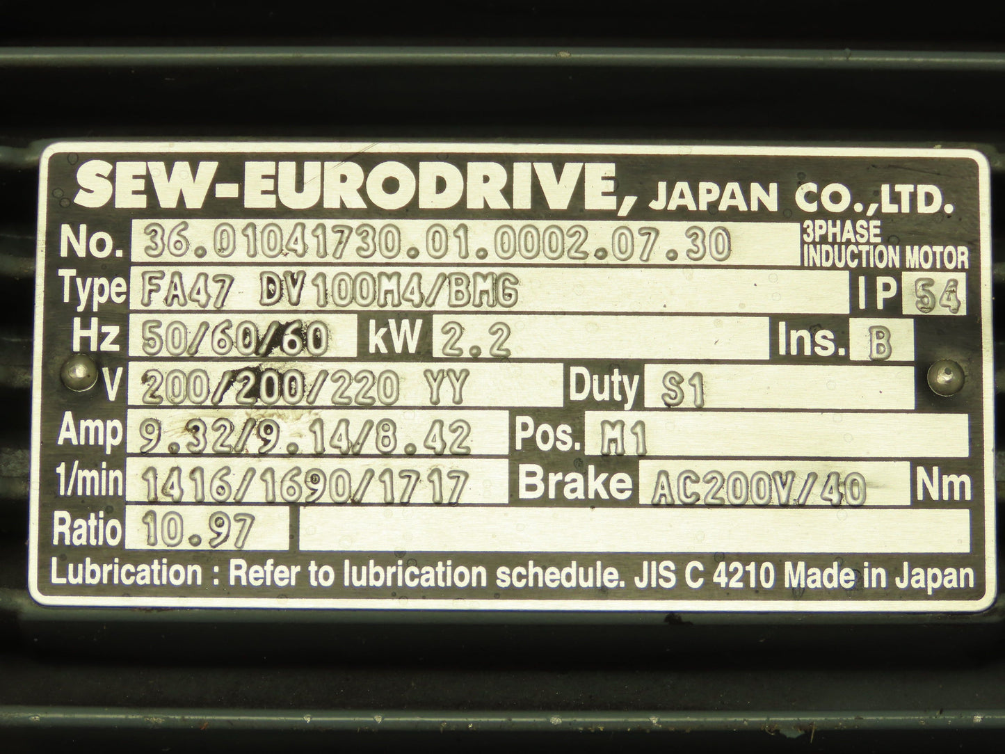 Sew-Eurodrive FA47 DV100M4/BMG Brake Motor 2.2kw 1700 RPM 200/220V 3PH